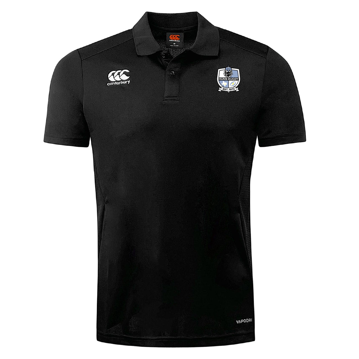 The Austin Huns Rugby Club Dry Polo by EMB Canterbury is a black short-sleeve shirt with a white embroidered club logo on the left chest and Canterbury logo on the right, made with breathable Vapodri technology for active wear.