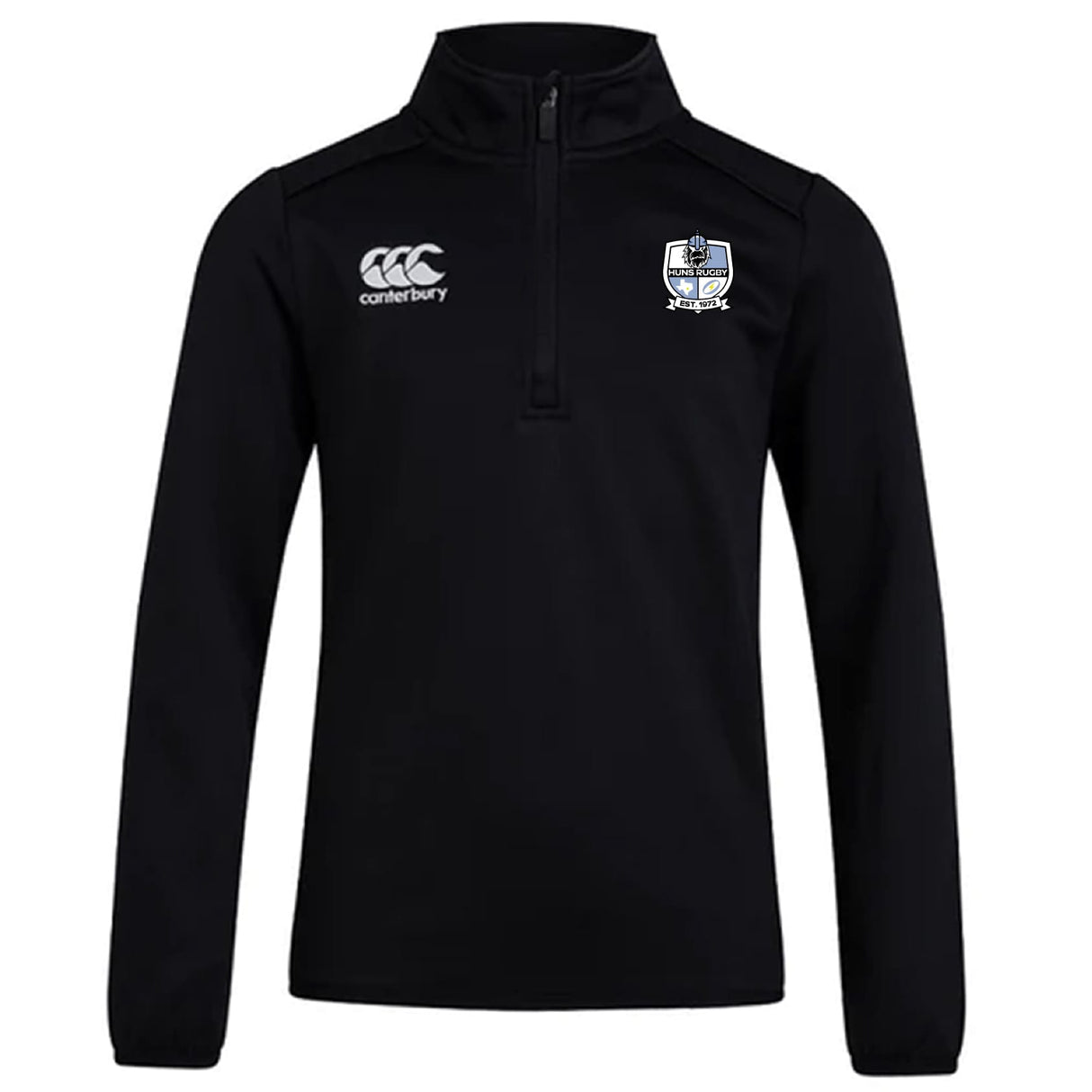 The Austin Huns Rugby Club 1/4 Zip Mid Layer Training Top by EMB Canterbury features white logos on the chest and is perfect for staying comfortable during club training sessions.