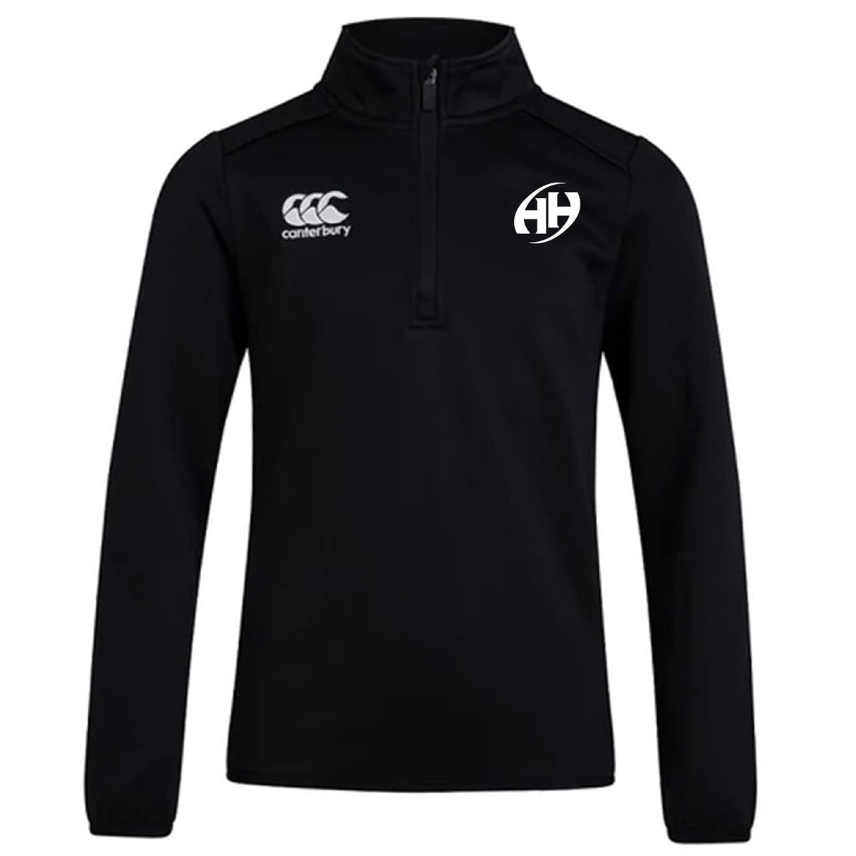 The EMB Canterbury Clarksville Headhunters Club 1/4 Zip Mid Layer Training Top is a black long-sleeve fleece with white "Canterbury" and "AH" logos on the chest.