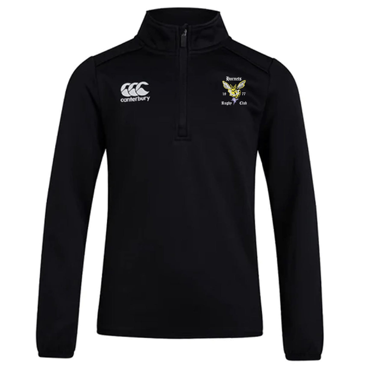 The Hornets Rugby Club Club 1/4 Zip Mid Layer Training Top by EMB Canterbury is a black long-sleeve top with the “Canterbury” logo on the right chest and a CCC Club crest with text on the left.