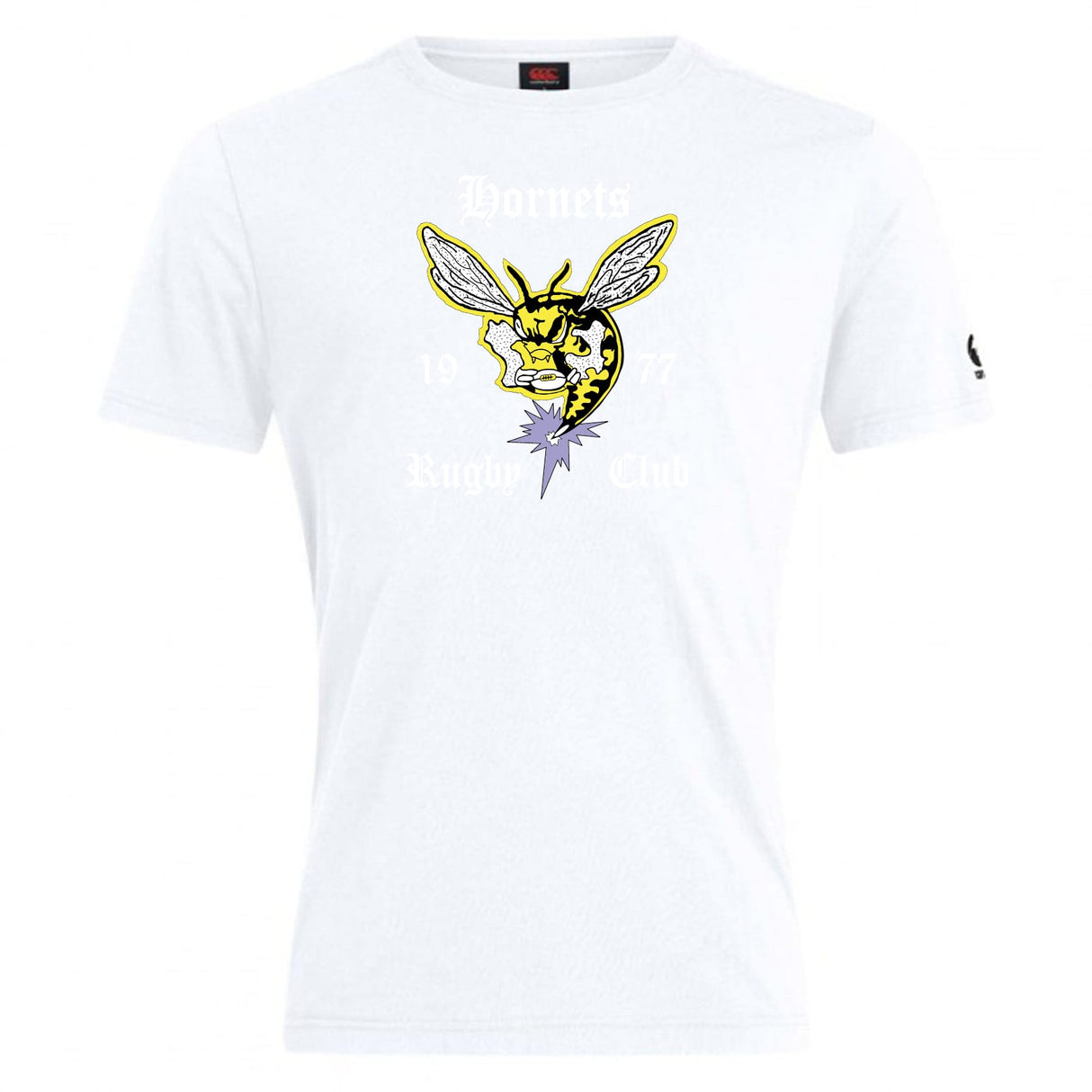 The Hornets Rugby Club Plain Tee by WRS Canterbury features a bold hornet graphic, "Hornets Rugby Club," and "1977" on the front. Made from a comfy cotton blend, it's perfect to show your team spirit.