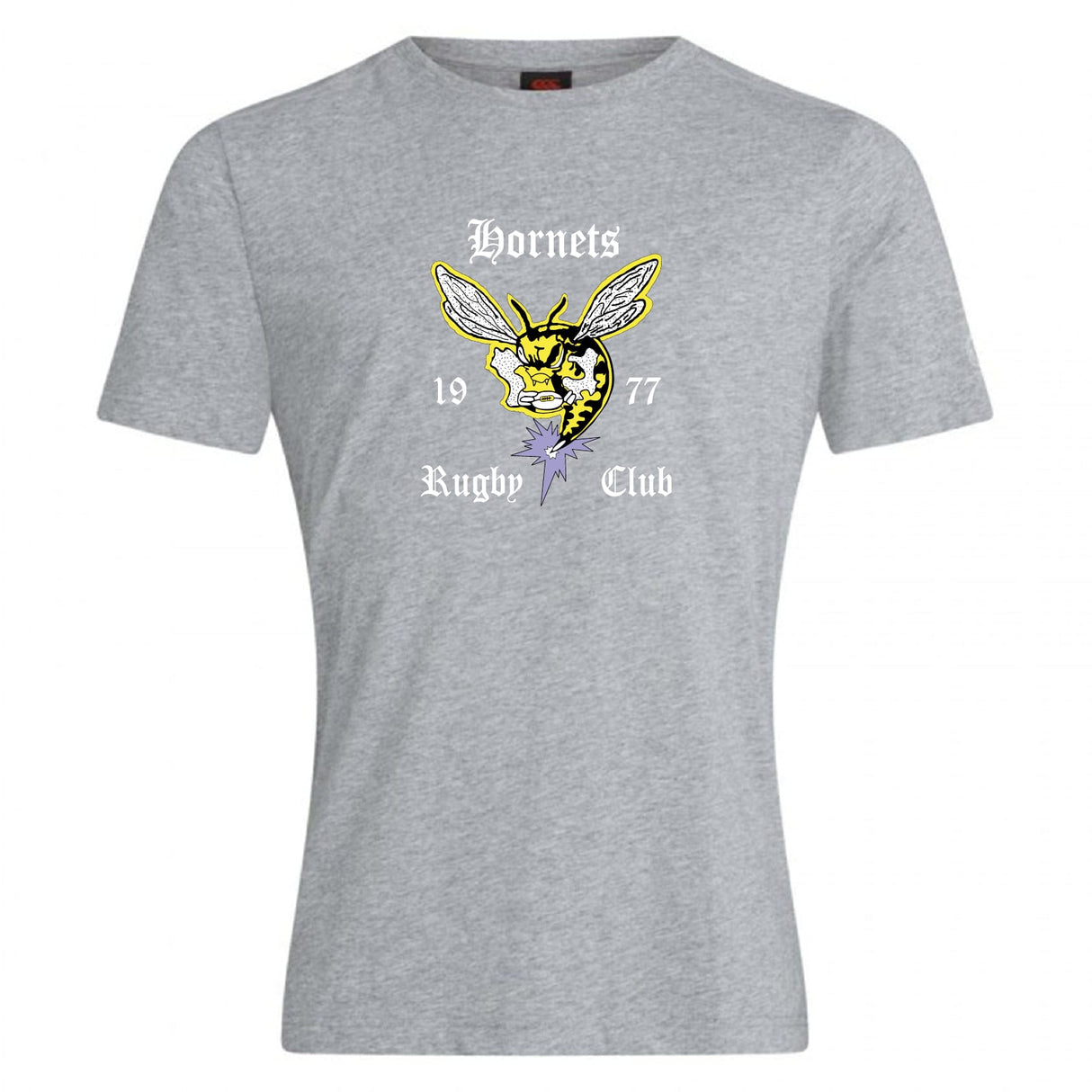 The Hornets Rugby Club Club Plain Tee by WRS Canterbury features a bold hornet graphic, "Hornets Rugby Club," and "19" and "77." This cotton blend tee is perfect for fans wanting a classic custom look.