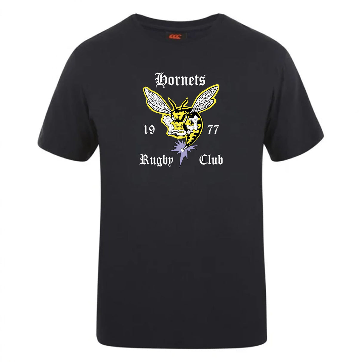The Hornets Rugby Club Club Plain Tee by Canterbury from WRS Canterbury is a black cotton blend shirt with a yellow hornet graphic and "Hornets Rugby Club 1977" in white text—ideal for fans and members.