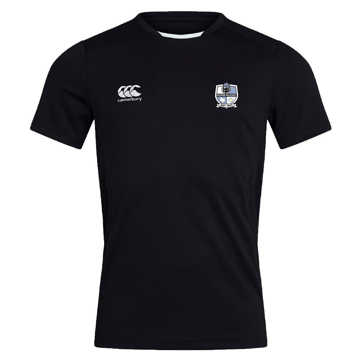 The Austin Huns Rugby Club Dry Tee by EMB Canterbury is a plain black, short-sleeve, breathable workout shirt featuring a white Canterbury logo on the right chest and a small blue-accented crest on the left chest.