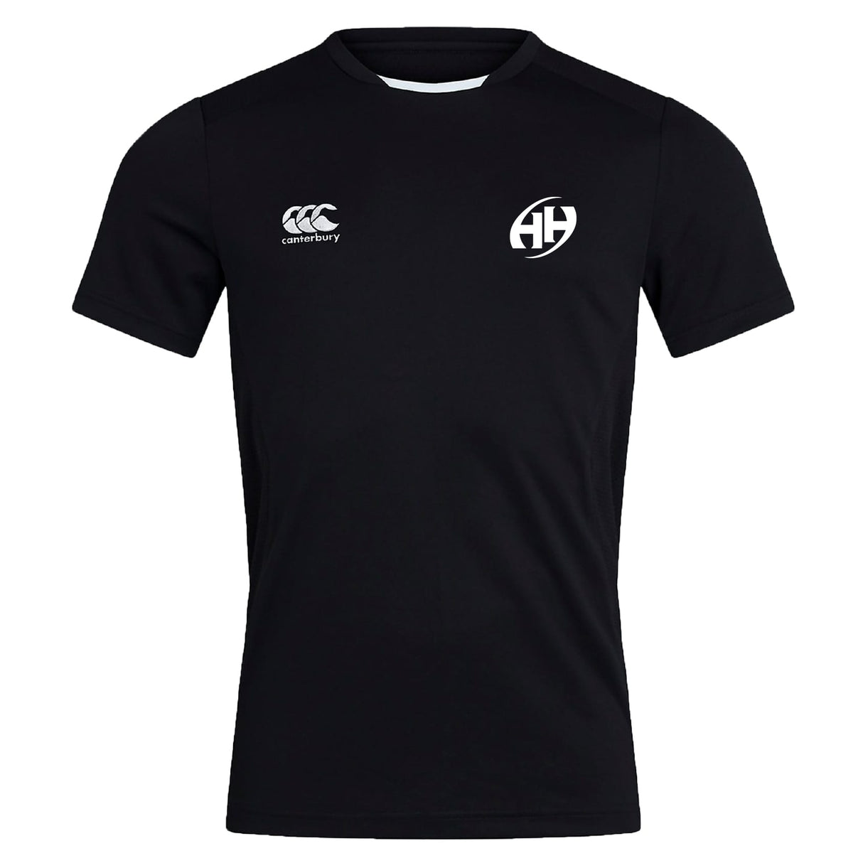 The Clarksville Headhunters Club Dry Tee by EMB Canterbury is a black short-sleeve workout shirt with Canterbury and AH logos in white, featuring breathable Vapodri Technology to keep you cool and comfortable during training.