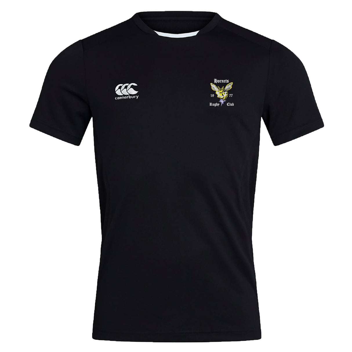 The Hornets Rugby Club Club Dry Tee by EMB Canterbury is a black short-sleeve top with the Canterbury logo and club crest on the chest. Featuring Vapodri Technology, it keeps you cool and comfortable during intense workouts.