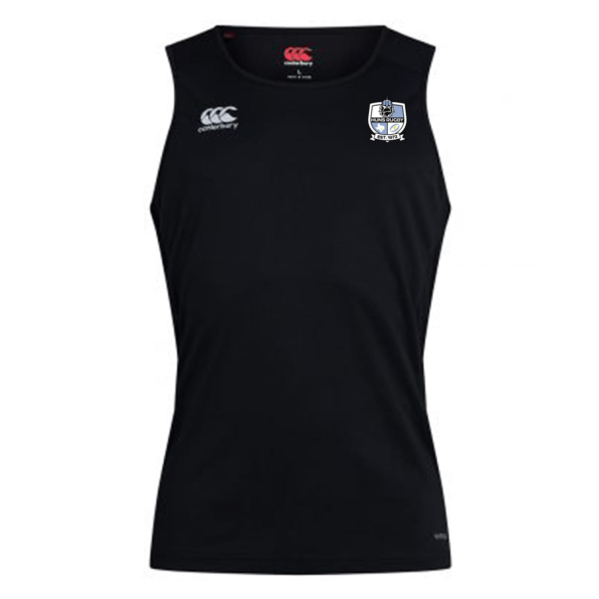 The Austin Huns Rugby Club Dry Singlet by EMB Canterbury is a black sleeveless top featuring a white logo on the left chest and a crest on the right, perfect for athletic wear.
