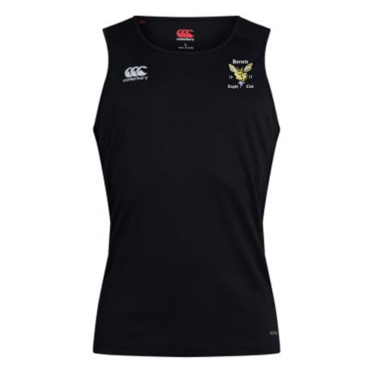 The EMB Canterbury Hornets Rugby Club Club Dry Singlet is black and sleeveless, featuring a yellow and white hornets logo on the left chest and a white Canterbury logo on the right—ideal for athletic gear collections.