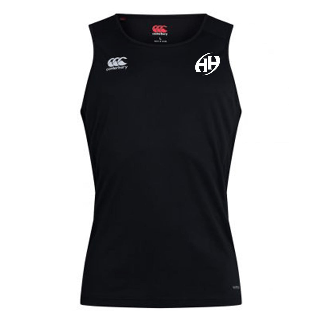 Sleeveless black Clarksville Headhunters Club Dry Singlet by EMB Canterbury featuring a white "Canterbury" logo on the right chest, circular "AH" logo on the left chest, and advanced Vapodri Technology for top athletic performance.