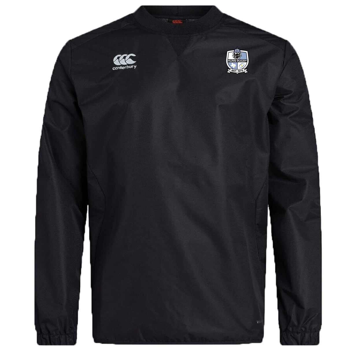 The Austin Huns Rugby Club Vaposhield Contact Top by Canterbury is a black long-sleeve pullover with the EMB Canterbury logo on the right chest, a blue shield crest on the left, and Vaposhield tech for enhanced comfort.