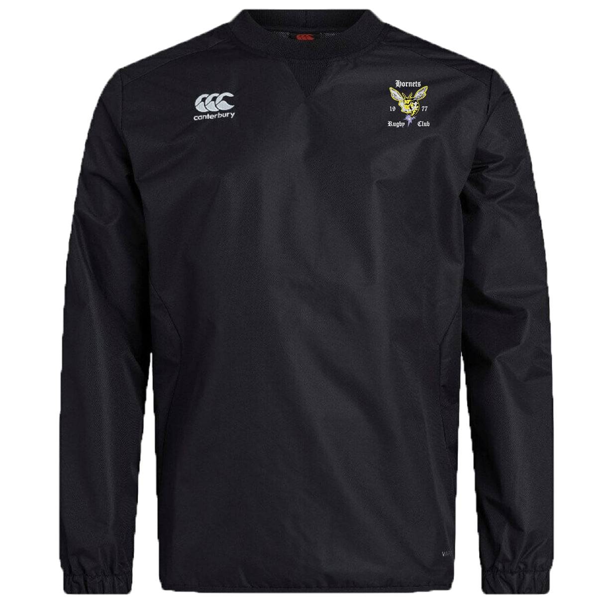 The Hornets Rugby Club Vaposhield Contact Top by EMB Canterbury is a black, long-sleeve top with the Canterbury logo on the right chest and club emblem on the left, designed for durability during intense training.