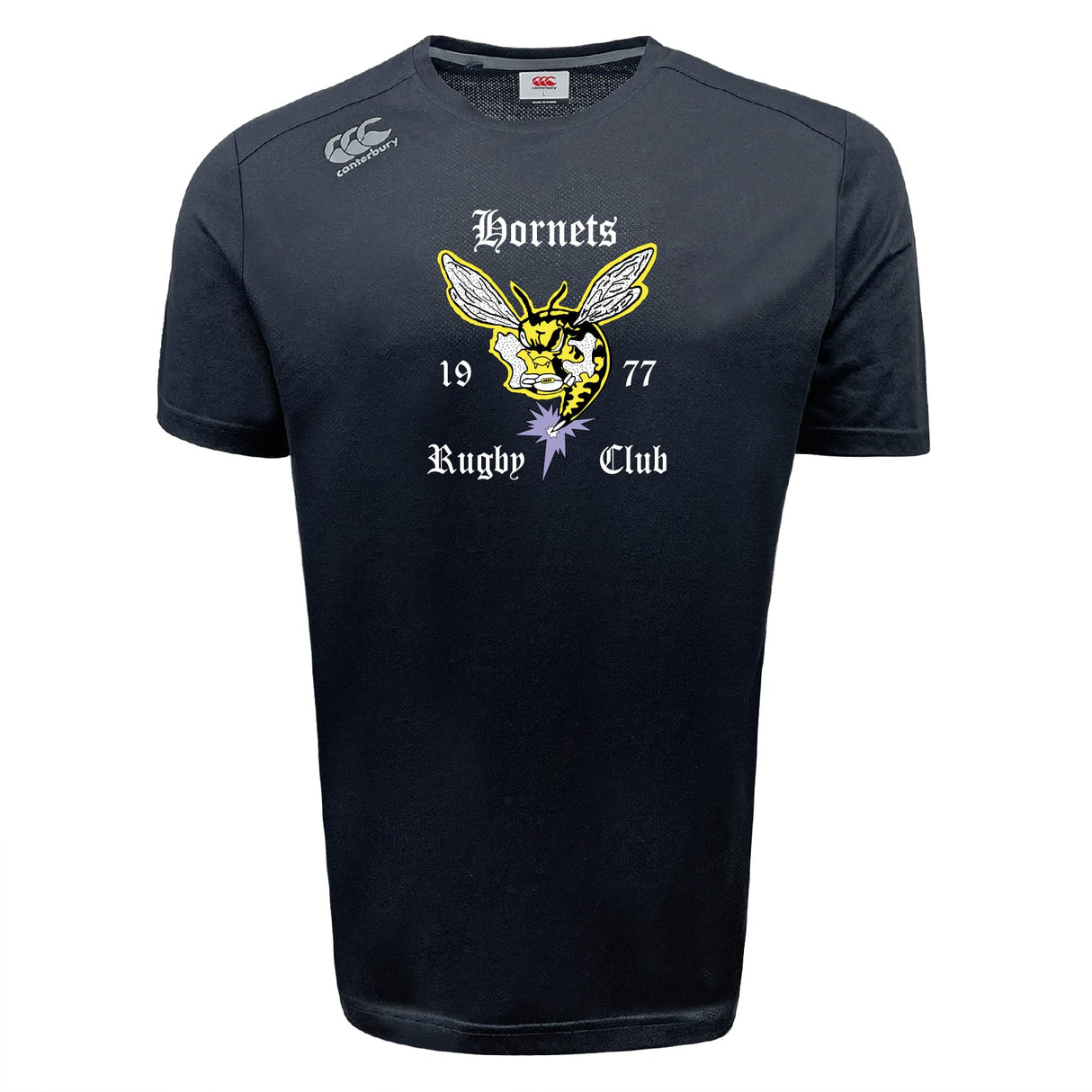 The Hornets Rugby Club Tempo Vapodri T-Shirt by WRS Canterbury features "Hornets Rugby Club 1977" text, a yellow hornet graphic, and moisture-wicking fabric—ideal for training or casual wear.