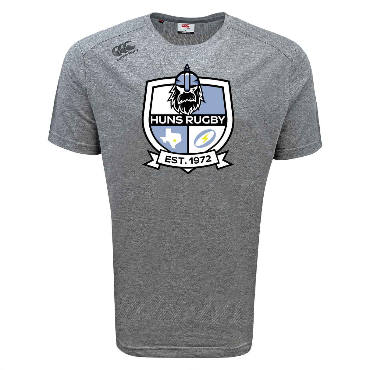The Austin Huns Rugby Tempo Vapodri T-Shirt by WRS Canterbury is a gray short-sleeve sports shirt featuring the Huns Rugby logo with a Viking helmet, shield, and “EST. 1972” text.