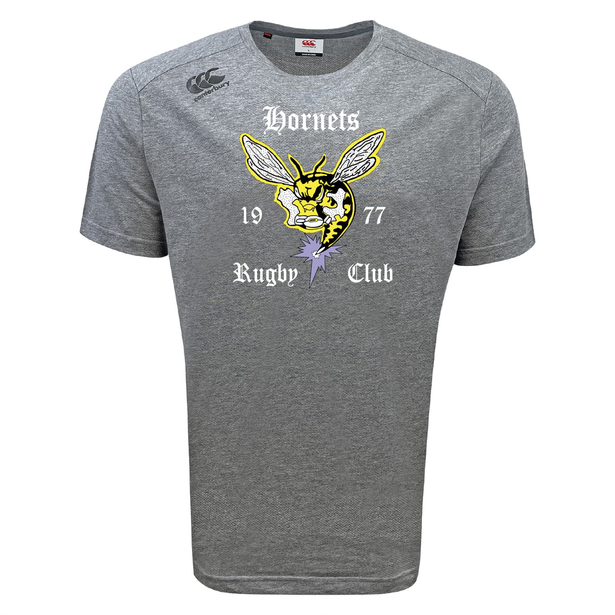The Hornets Rugby Club Tempo Vapodri T-Shirt by WRS Canterbury features "Hornets Rugby Club 1977" text and a bold yellow hornet graphic—an athletic shirt designed for comfort and style.