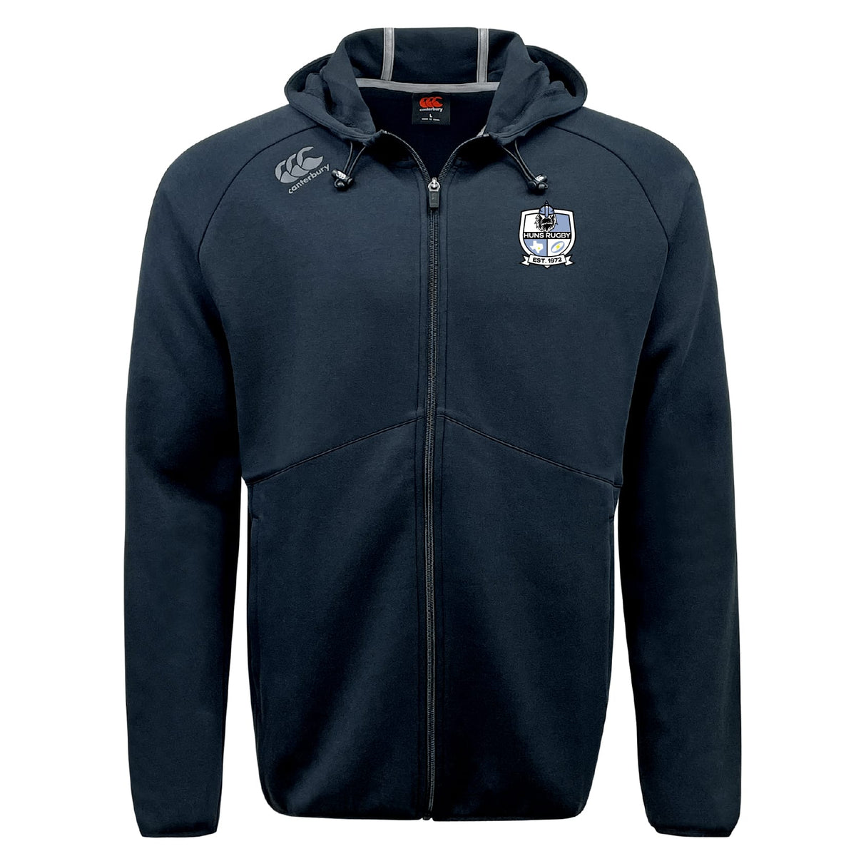 The Austin Huns Rugby Tempo Vapodri Full-Zip Hoodie by EMB Canterbury is black, with a white and blue embroidered crest on the left chest, a white "CCC" logo on the right shoulder, and moisture-wicking Vapodri fabric for comfort.