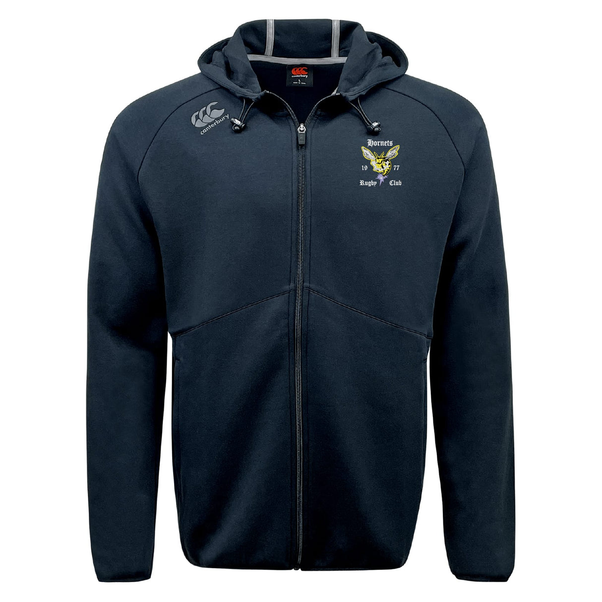 The EMB Canterbury Hornets Rugby Club Tempo Vapodri Full-Zip Hoodie features a hood, drawstrings, club logo, and CCC branding on the chest—offering style and comfort for fans and players.