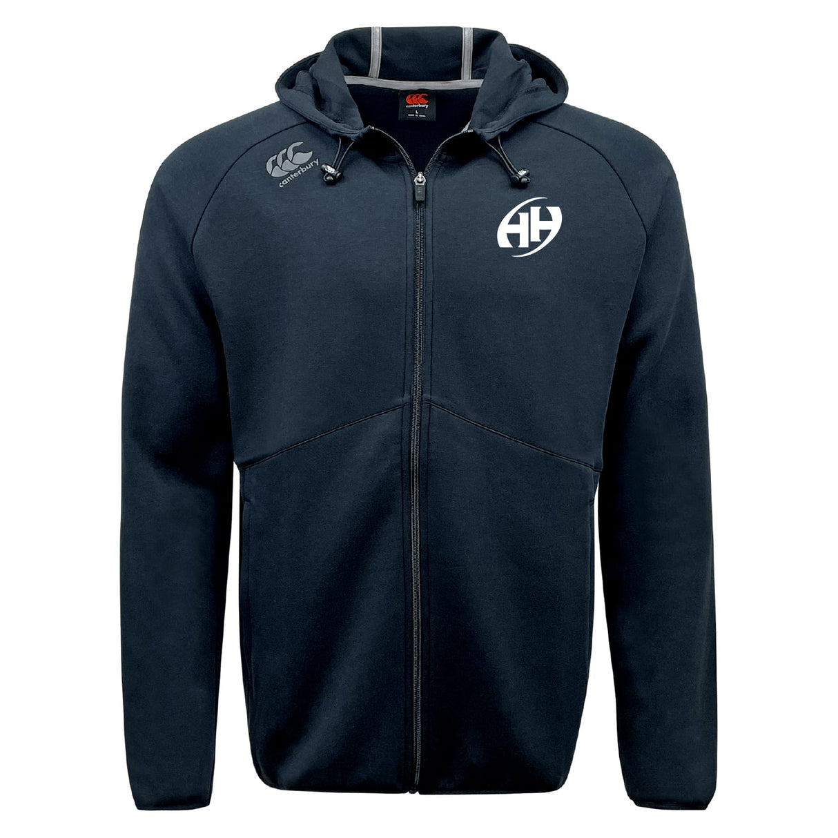 The Clarksville Headhunters Tempo Vapodri Full-Zip Hoodie by EMB Canterbury features a black zip-up design, drawstring hood, white chest logo, branded right shoulder emblem, and moisture-wicking fabric for comfort during any activity.