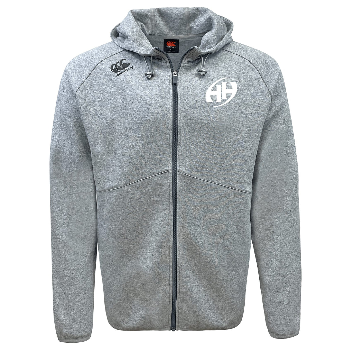 The EMB Canterbury Clarksville Headhunters Tempo Vapodri Full-Zip Hoodie features a light grey design, drawstring hood, two front pockets, chest logos, and moisture-wicking fabric for comfort during active wear.