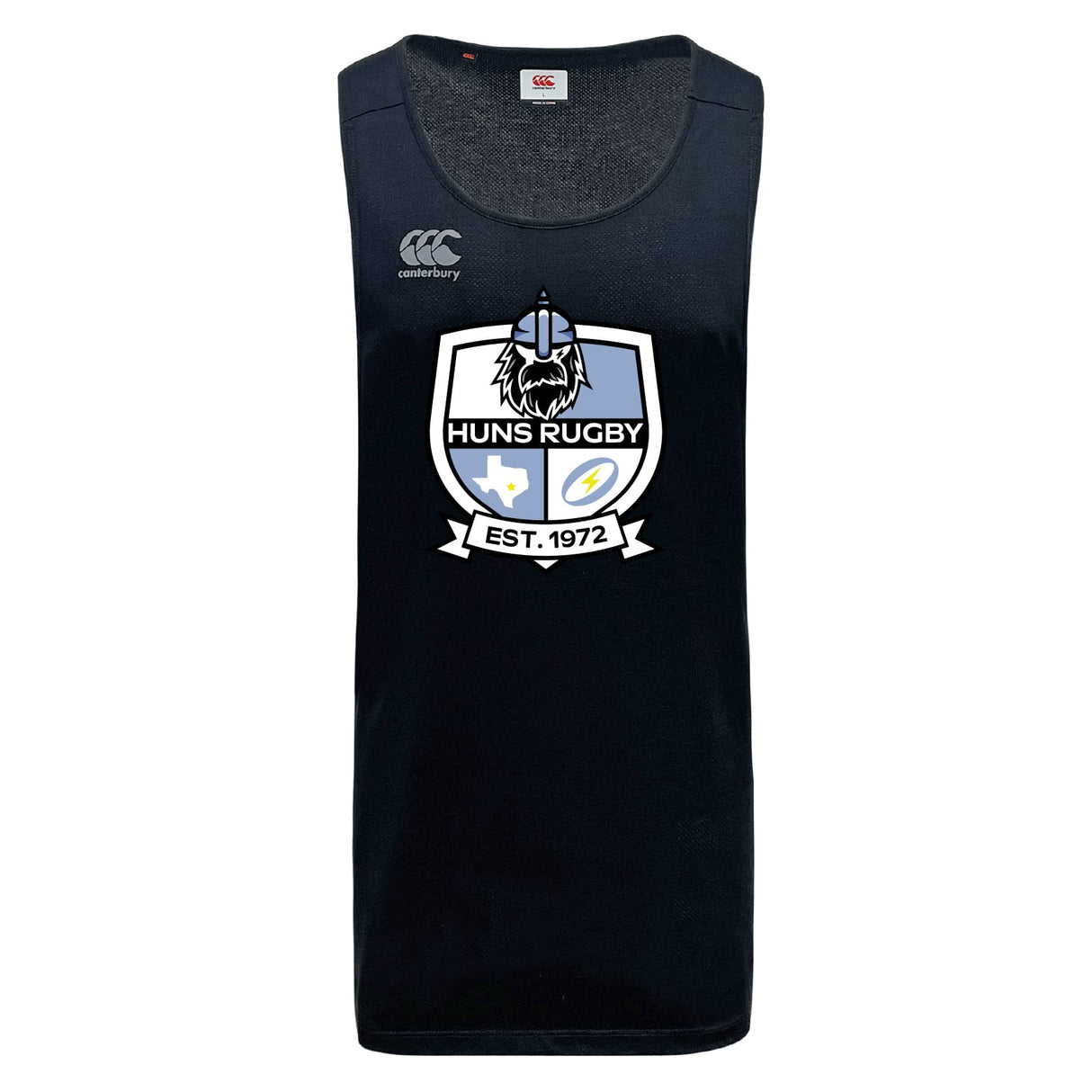 The Austin Huns Rugby Tempo Vapodri Singlet by WRS Canterbury is a sleeveless black jersey made from recycled polyester, featuring VapoDri tech and the Huns Rugby logo with viking helmet and "Huns Rugby Est. 1972" on the front.