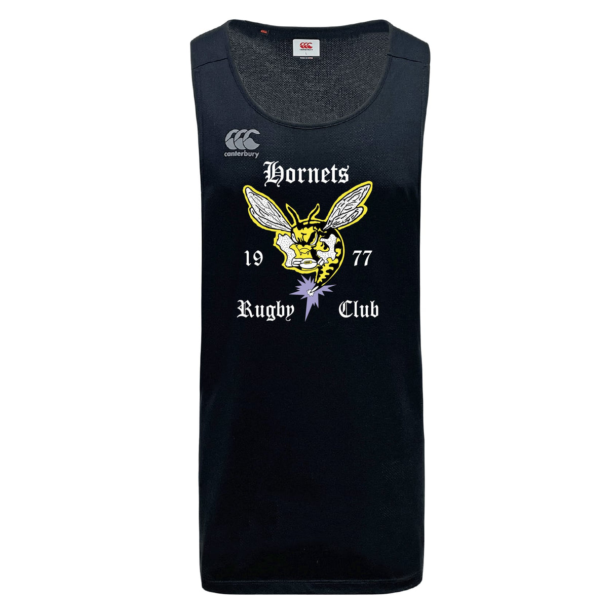 The Hornets Rugby Club Tempo Vapodri Singlet by WRS Canterbury is a black sleeveless jersey made from recycled polyester, with "Hornets Rugby Club 1977" and a bold hornet graphic on the front.