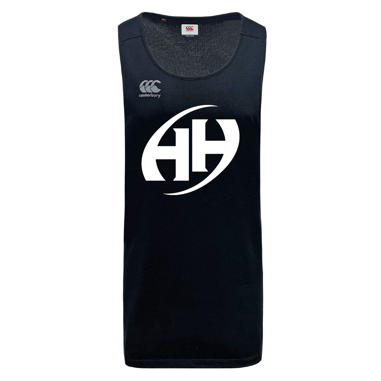 The Clarksville Headhunters Tempo Vapodri Singlet by WRS Canterbury is a black recycled polyester athletic tank featuring VapoDri moisture-management technology, a white stylized "HH" logo, and the Canterbury brand logo on the chest.