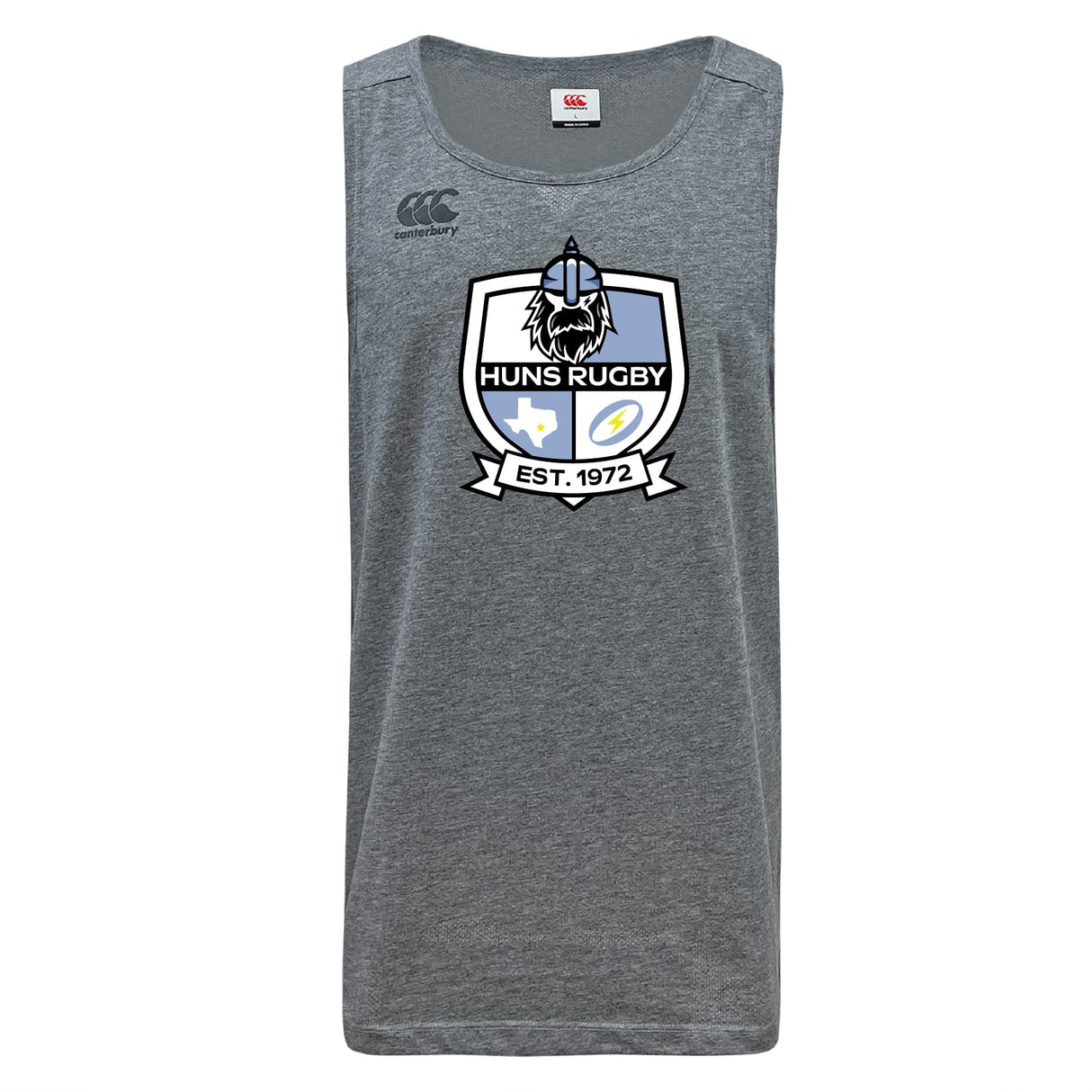 The Austin Huns Rugby Tempo Vapodri Singlet by WRS Canterbury is a gray, sleeveless athletic shirt made from recycled polyester, showcasing the Huns Rugby club logo with Viking helmet, shield, and "EST. 1972" on the front.