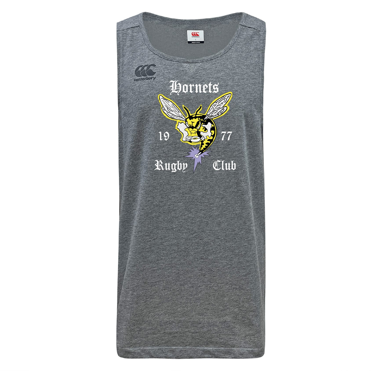 The Hornets Rugby Club Tempo Vapodri Singlet by WRS Canterbury is a grey recycled polyester tank with a yellow hornet graphic, "Hornets Rugby Club 1977" text, Canterbury logo on the left shoulder, and VapoDri tech for comfort.