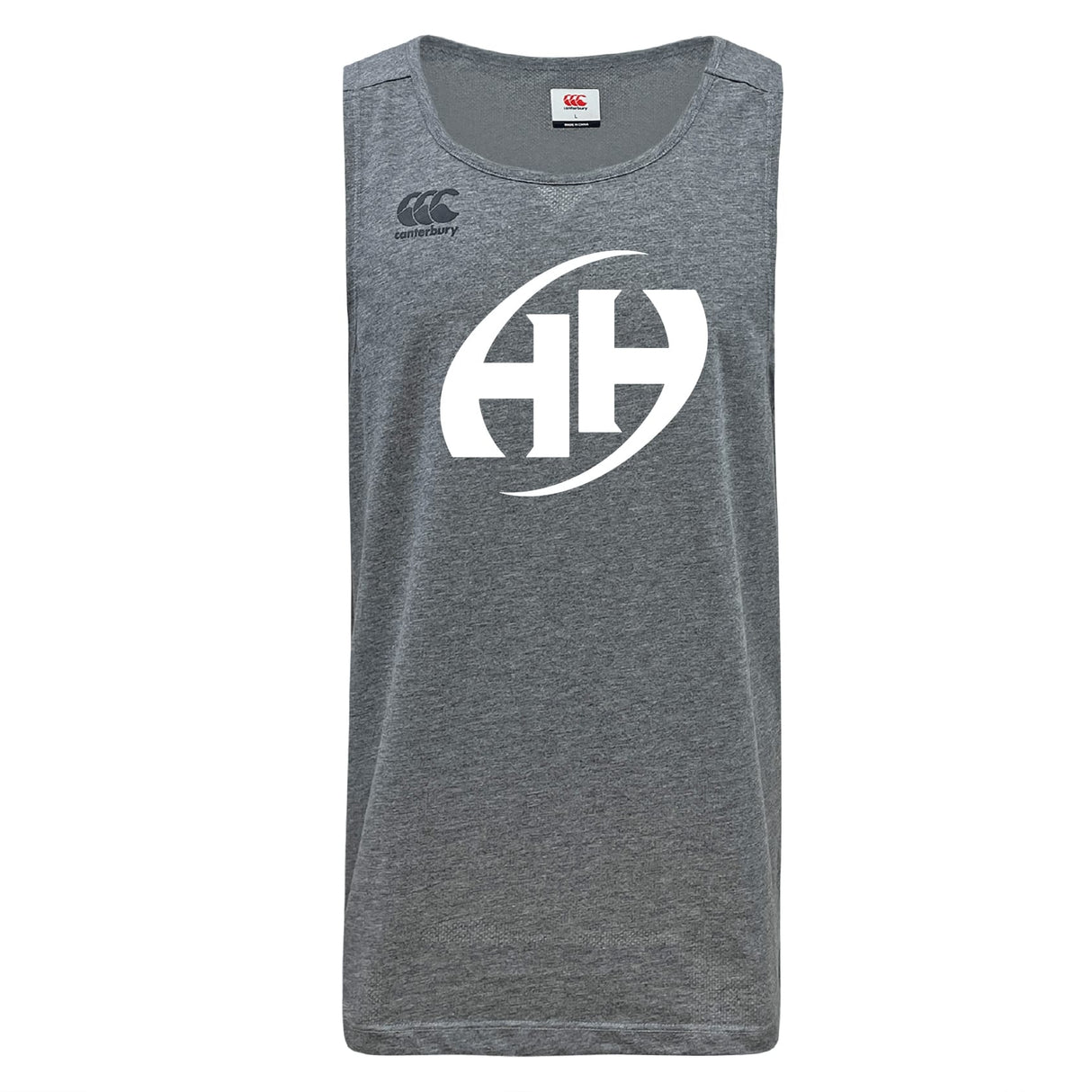 The Clarksville Headhunters Tempo Vapodri Singlet by WRS Canterbury is a grey, sleeveless athletic tank top with a large white "HH" logo on the front, a small Canterbury logo on the chest, and made from recycled polyester for comfort.
