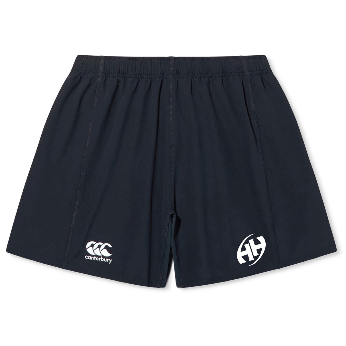 The Clarksville Headhunters Yokohama Short by EMB Canterbury features an elastic waistband, a white Canterbury logo on the left leg, and a white circular emblem on the right leg.