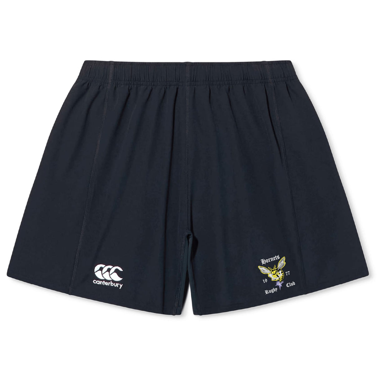 The Hornets Rugby Club Yokohama Short by EMB Canterbury features navy blue fabric, an elastic waistband, a white Canterbury logo on the left leg, and a yellow Hornets Rugby Club emblem on the right leg.