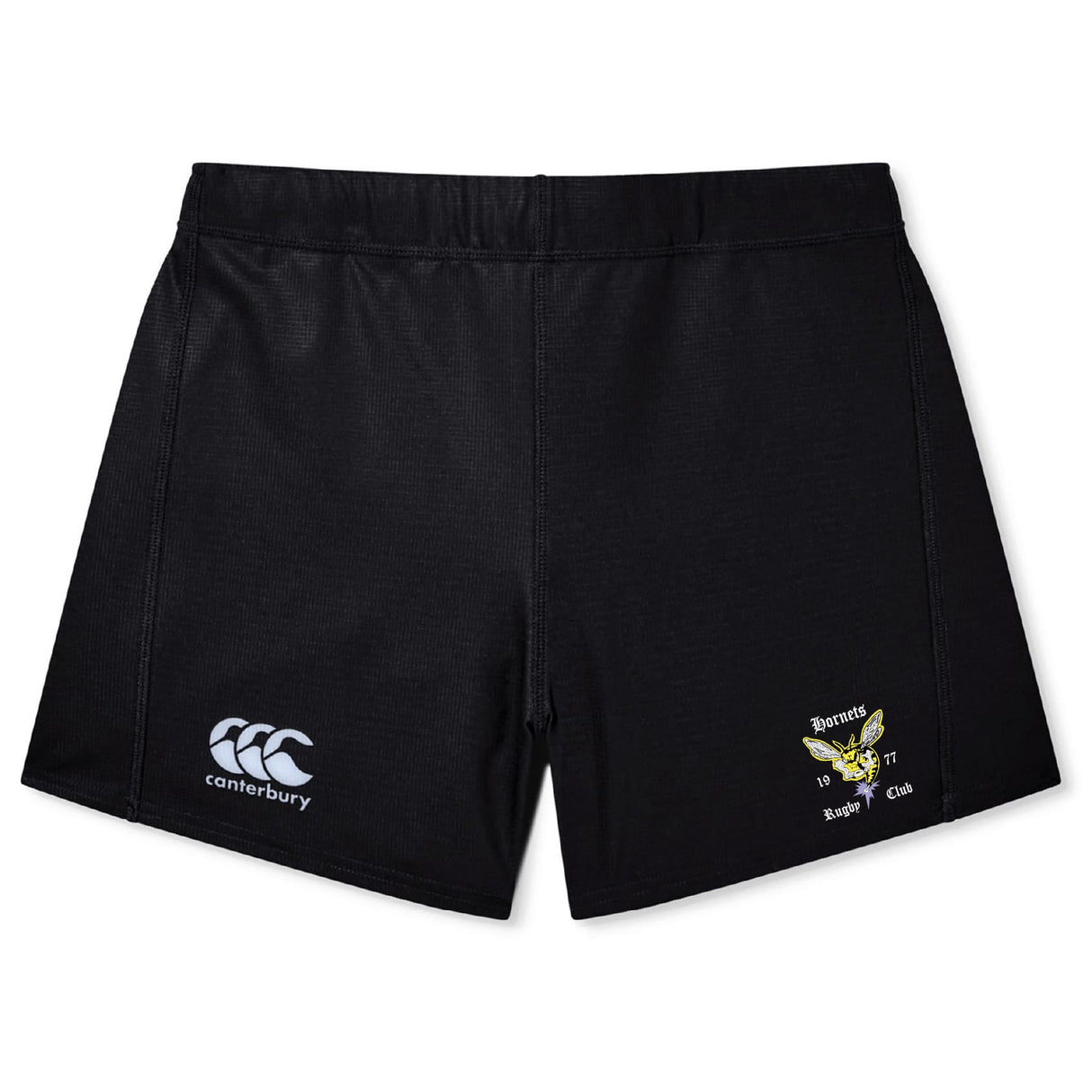 The EMB Canterbury Hornets Rugby Club Women's Yokohama Short features a left-leg logo and a right-leg yellow hornet with "Hornets Rugby Club 1967." These lightweight, durable shorts are perfect for women's rugby.
