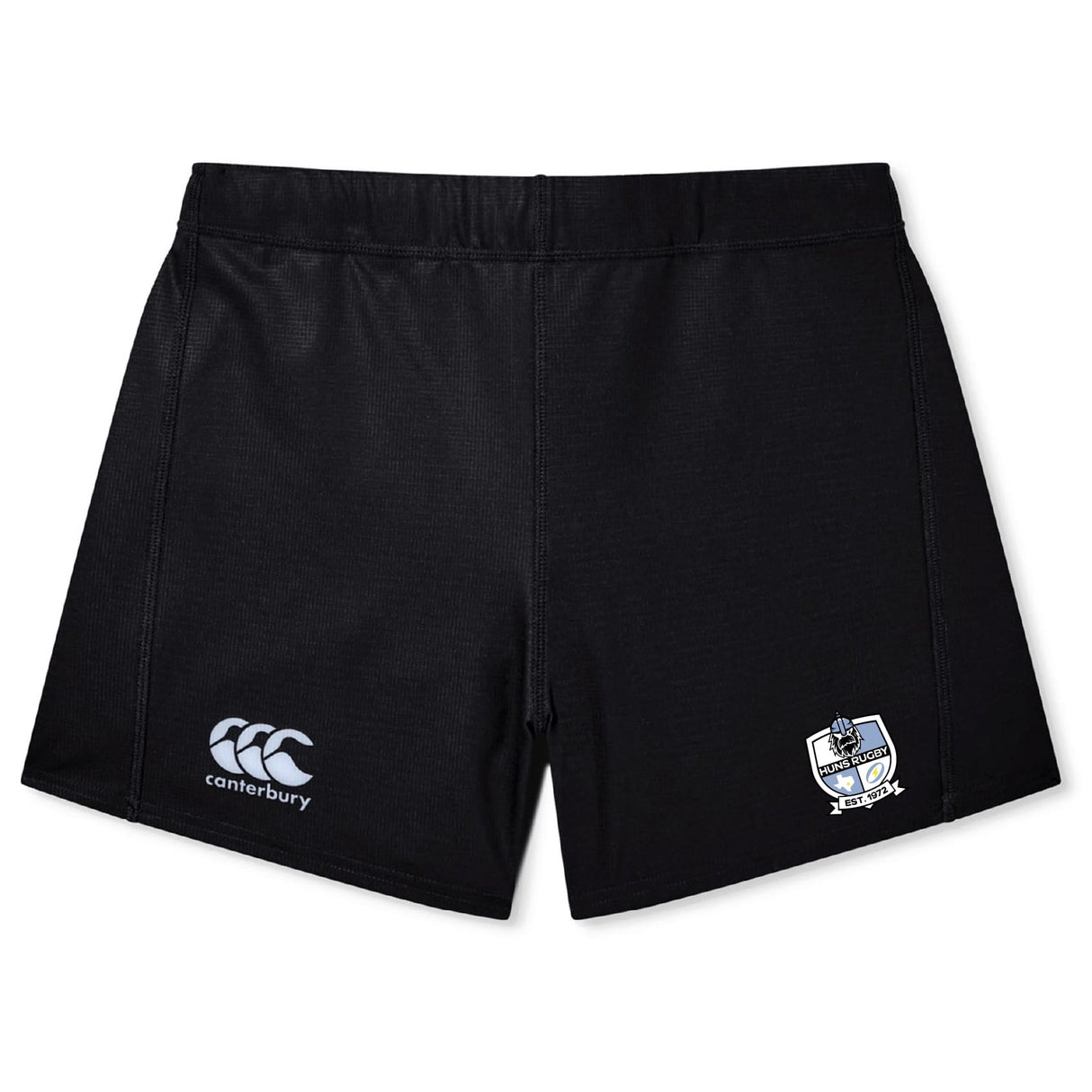 The Austin Huns Rugby Women's Yokohama Short by EMB Canterbury features the Canterbury logo on the left and a crest patch on the right leg, shown against a white background—ideal for fans of classic women's rugby shorts.