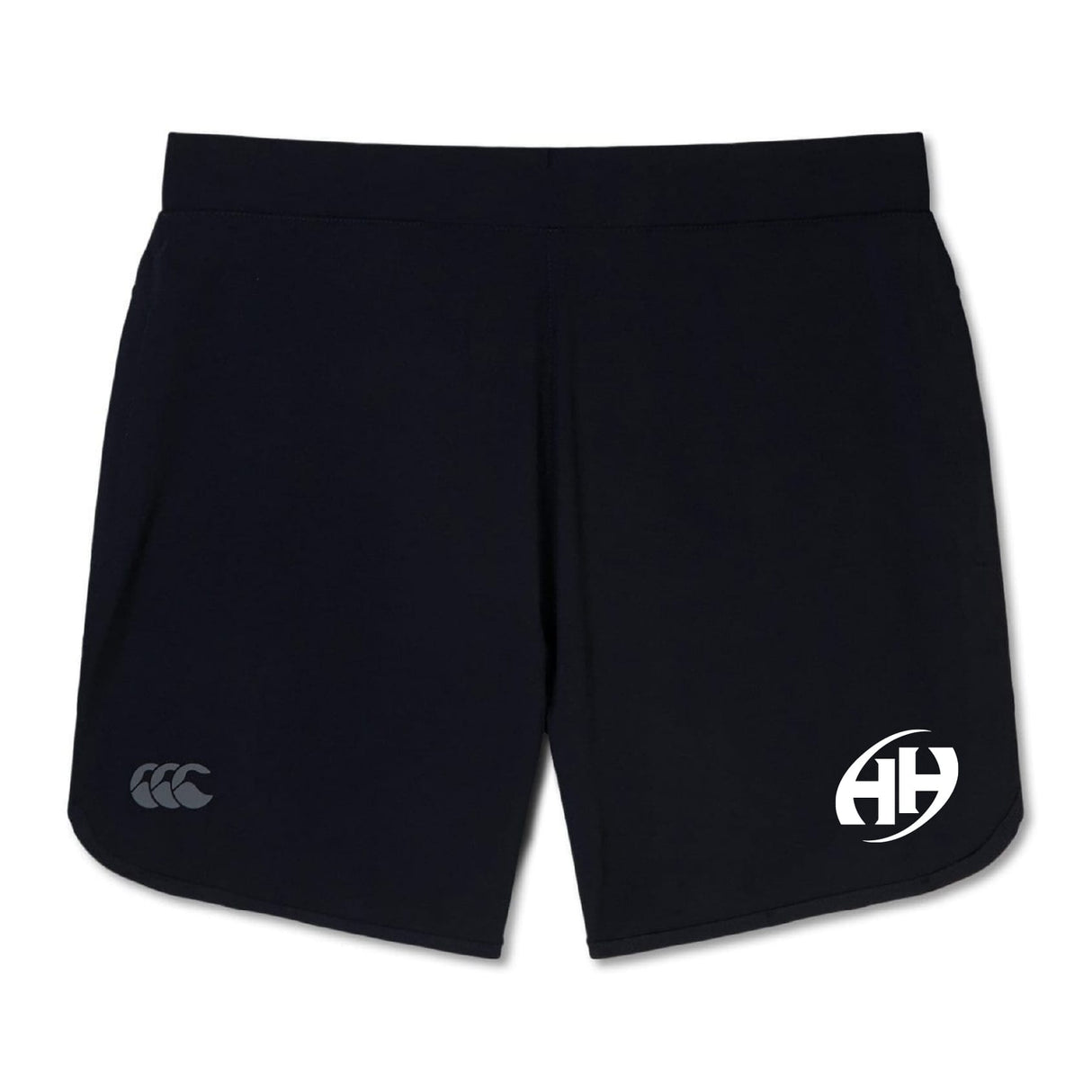 The Clarksville Headhunters Women's Elite Woven Short by EMB Canterbury features a white "AH" logo on the right leg, zippered pockets, and a grey Canterbury logo on the left leg, shown on a white background.
