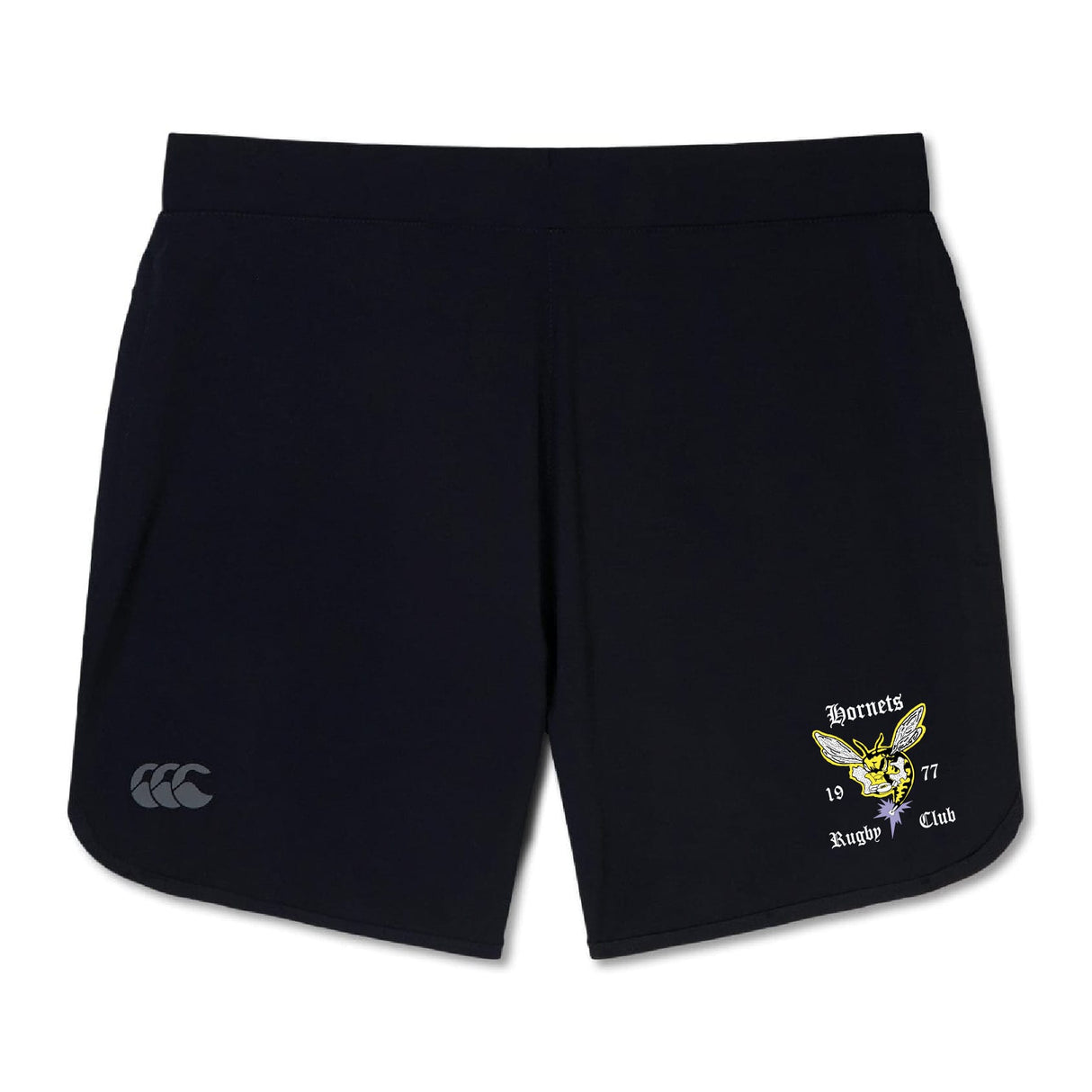 The Hornets Rugby Club Women's Elite Woven Short by EMB Canterbury features zippered pockets, an embroidered club logo, and a white Canterbury logo—perfect women's gym shorts for comfort and style.