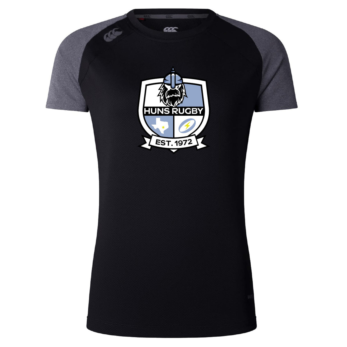 The Austin Huns Rugby Women's Elite Training Tee by WRS Canterbury is a black and grey short-sleeve lightweight shirt with a "Huns Rugby" crest featuring a Viking helmet, stars, and "EST. 1972" on the front.