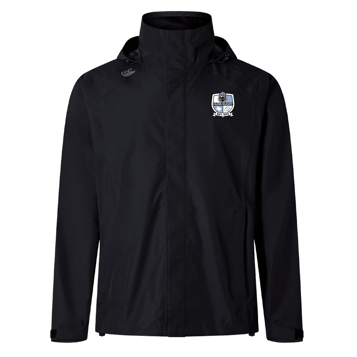 The Austin Huns Rugby Elite Storm Jacket by EMB Canterbury is a black, long-sleeve waterproof jacket with a white and blue embroidered crest on the left chest and a small white logo on the right shoulder—ideal for pitchside comfort.