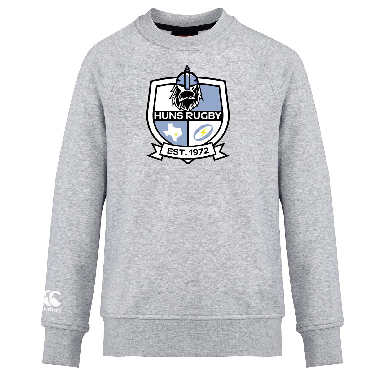The Austin Huns Rugby Club Crew Sweatshirt by WRS Canterbury is a light grey crew with a bold "Huns Rugby Est. 1972" chest crest and a small Canterbury logo on the sleeve, offering ultra-soft comfort and style.