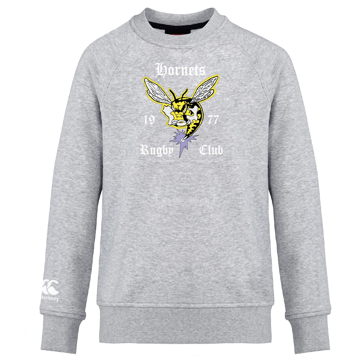 The Hornets Rugby Club Club Crew Sweatshirt by WRS Canterbury features "Hornets Rugby Club 1977" text, a hornet graphic on the front, and an embroidered CCC logo on the left sleeve. This ultra-soft gray sweatshirt offers comfort and club pride.