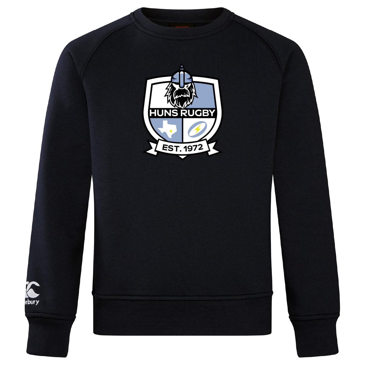 The Austin Huns Rugby Club Crew Sweatshirt by WRS Canterbury is a black crew with a large embroidered Huns Rugby crest on the chest and a small Canterbury logo on the left sleeve.