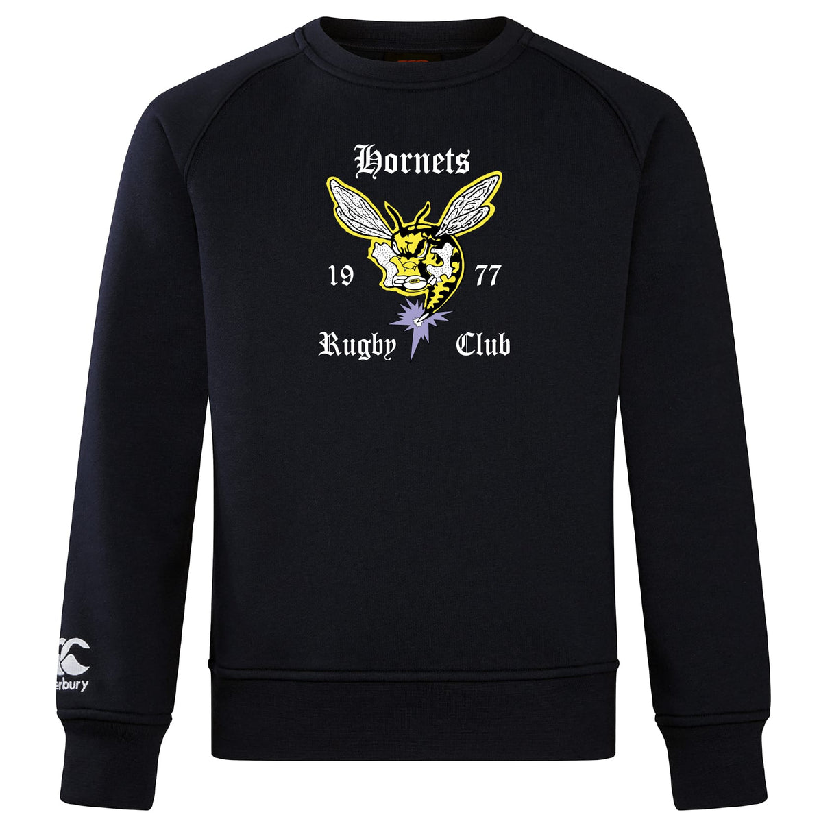 The Hornets Rugby Club Club Crew Sweatshirt by WRS Canterbury is an ultra-soft black sweatshirt with a large hornet graphic, "Hornets Rugby Club 1977" on the front, and an embroidered CCC logo on the left sleeve.