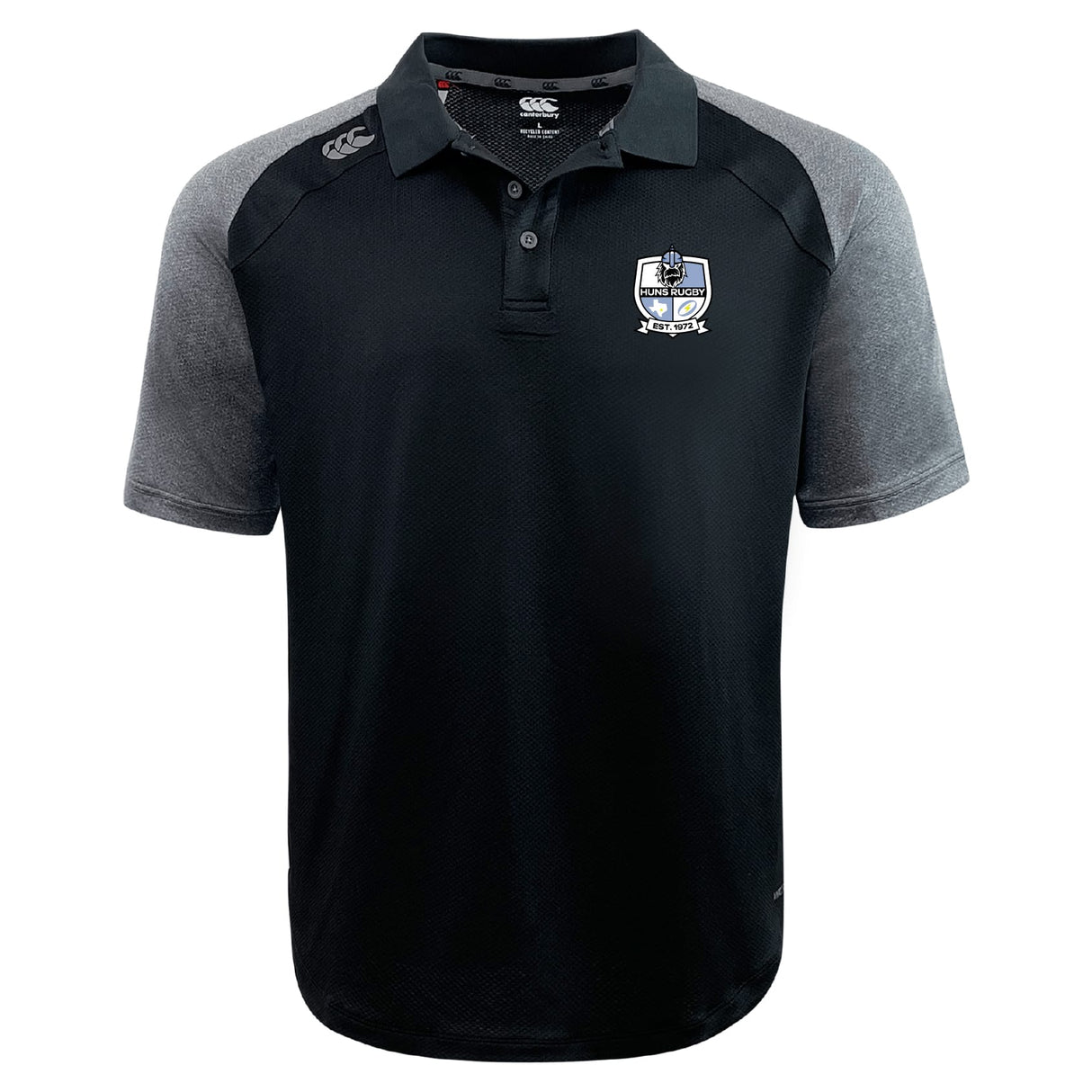 The Austin Huns Rugby Elite Polo by EMB Canterbury features Vapodri fabric, is lightweight and durable, with black and gray design, a collar, button placket, and embroidered crest logo on the left chest.