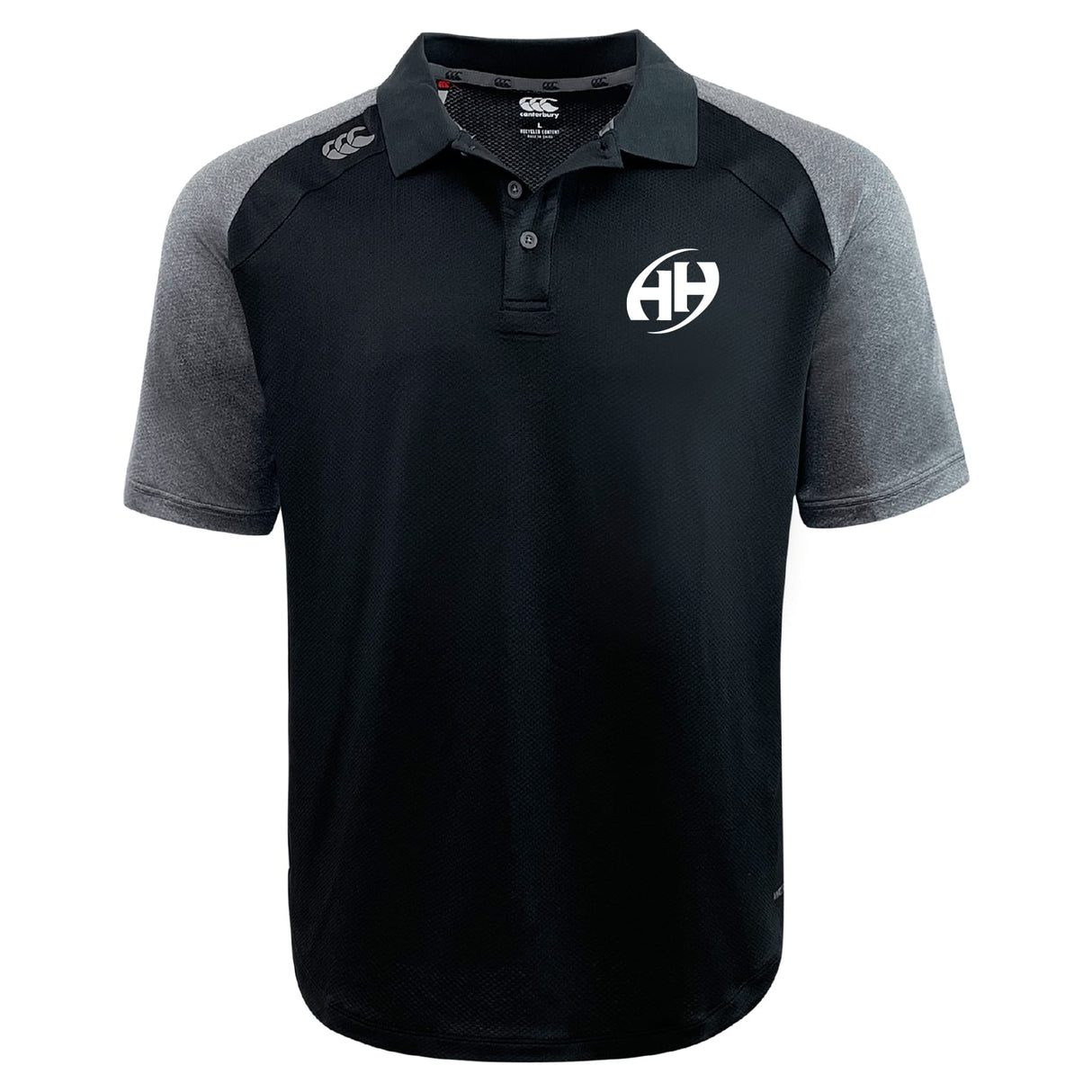 The Clarksville Headhunters Elite Polo by EMB Canterbury features lightweight, durable Vapodri fabric, grey marl raglan sleeves, button placket, and a white HH logo on the left chest.