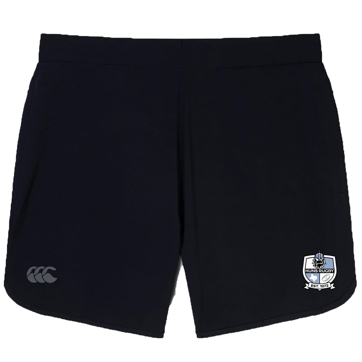 The Austin Huns Rugby Women's Elite Woven Short by Canterbury features a black design, EMB Canterbury logo on the left leg, Austin Huns crest on the right, and zippered pockets for secure storage during training.