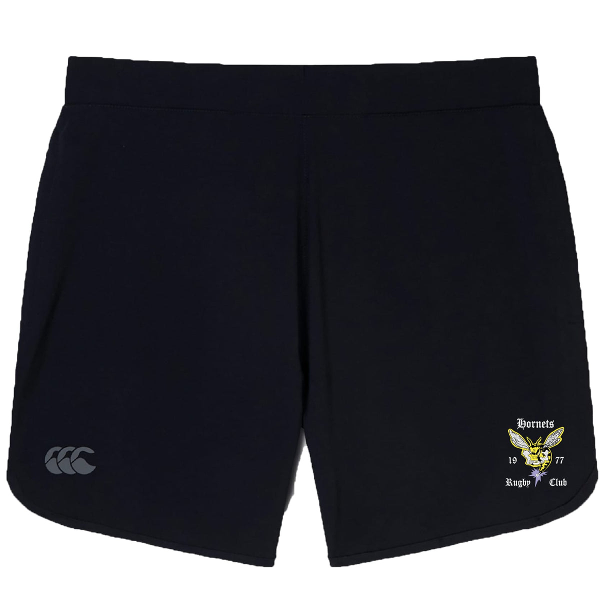 The Hornets Rugby Club Elite Woven Shorts by EMB Canterbury feature a white Canterbury logo and a yellow Hornets Rugby Club 1977 emblem—ideal for training or everyday wear.