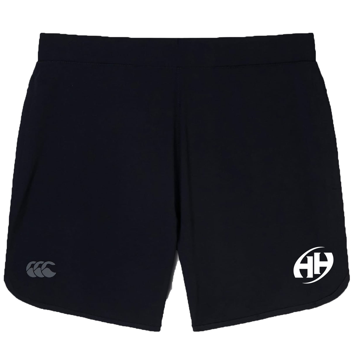 The Clarksville Headhunters Elite Woven Short by EMB Canterbury is a plain black gym short with a white circular "HH" logo on the right leg, a small grey logo on the left, and zippered pockets for secure storage.