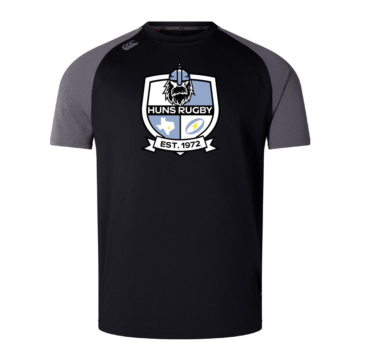The Austin Huns Rugby Elite Training Tee by WRS Canterbury features black short sleeves, gray shoulders, a "Huns Rugby" team logo with "EST. 1972" on the front, and is made from lightweight Vapodri fabric for comfort and performance.