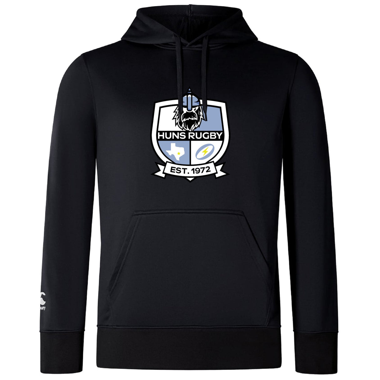 The Austin Huns Rugby Club Lightweight Hoodie by WRS Canterbury features the Huns logo with a spartan helmet, rugby ball, Texas symbol, and "Huns Rugby Est. 1972" on the front, plus a convenient kangaroo pocket.