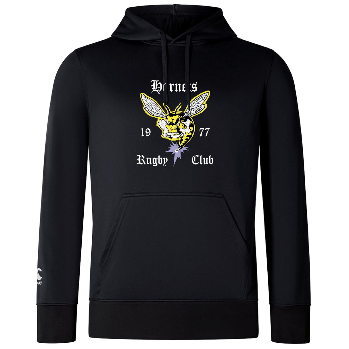 The Hornets Rugby Club Lightweight Hoodie by WRS Canterbury features a black design with a yellow hornet graphic, white "Hornets Rugby Club 1977" text, a small sleeve logo, and a comfy kangaroo pocket.