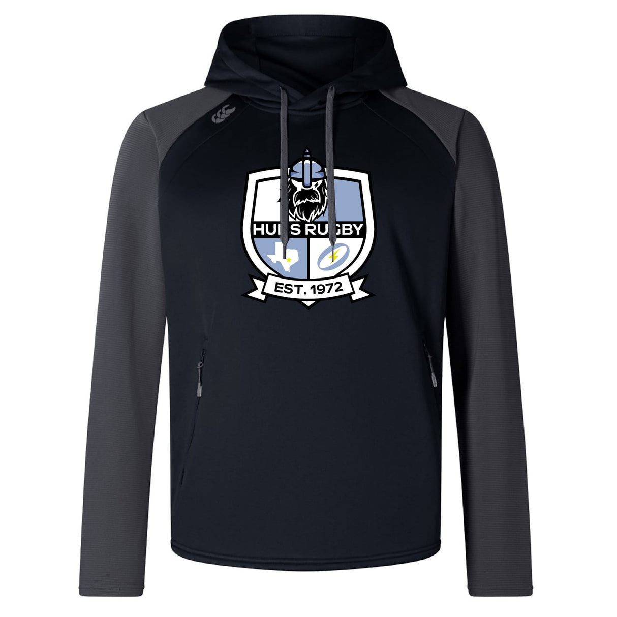The Austin Huns Rugby Elite Training Hoody by WRS Canterbury features black body, dark gray sleeves, and a front "Huskies Rugby Est. 1972" crest—premium sportswear inspired by the Canterbury Elite Training Hoody.
