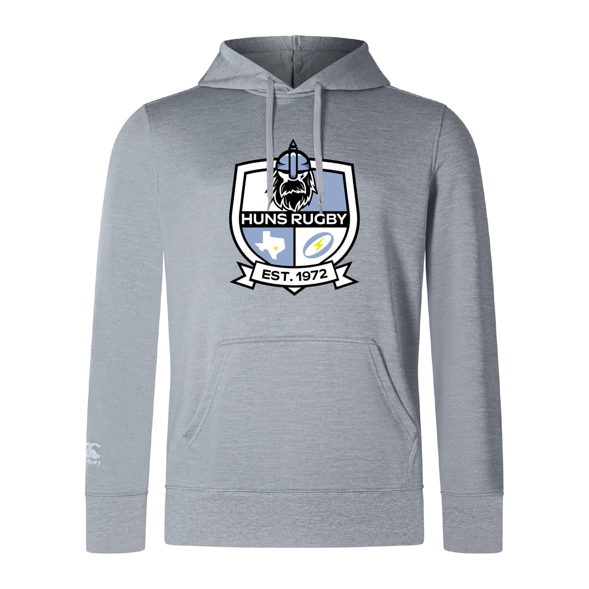 The Austin Huns Rugby Club Lightweight Hoodie by WRS Canterbury features a light gray design with a bold "Huns Rugby Est. 1972" shield emblem and classic kangaroo pocket for comfort.